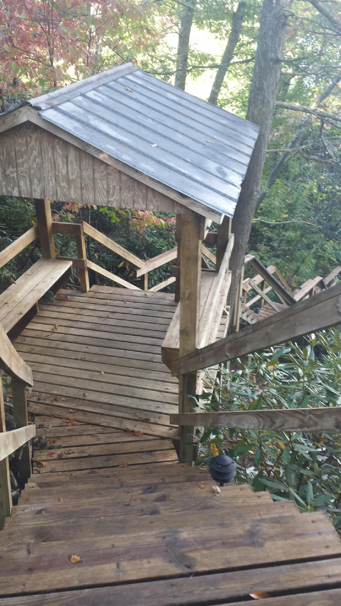 Metal roofed shelter over wooden steps on a wooded walkway — Skylight Repair & Installation work by our crew in Anza